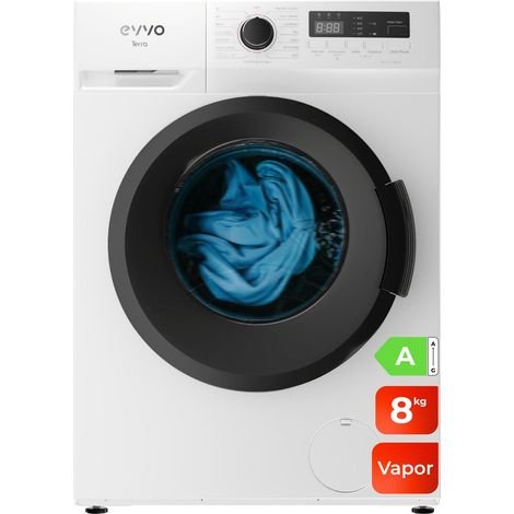 EVVO Lavadora 8 kg carga frontal Terra 8, 1350 rpm, Clase energética A, Motor Inverter, 15 programas, Lavado Rápido 15', Función vapor Steam Wash, Inicio diferido, Blanco