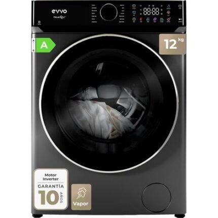 EVVO Lavadora 12 kg Nova Q12x, 1400 rpm, Clase A, Motor Inverter eDRIVE, 14 programas, vapor Steam Wash, lavado rápido 15', inox.
