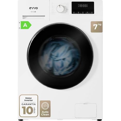EVVO Lavadora 7 kg Terra N7, 1400 rpm, Clase A, Motor inverter eDRIVE, 16 programas, Lavado 15', Inicio diferido, Blanco