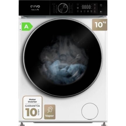 EVVO Lavadora 10 kg Nature R10, 1400 rpm, Clase A, Motor Inverter, 13 programas, vapor, Super Spa, lavado rápido, blanca