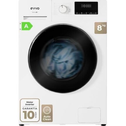 EVVO Lavadora 8 kg carga frontal Terra N8, 1400 rpm, Clase energética A, 16 programas, Lavado Rápido 15', Inicio diferido, Blanco