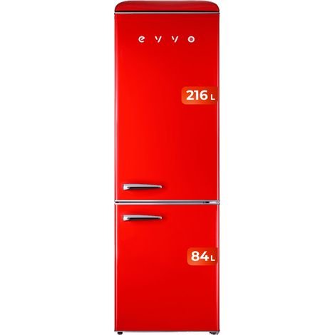 EVVO Frigorífico combi F55 Retro Rojo, refrigerador 216 litros, congelador 84 litros, diseño vintage, cajón Crisper Zone, Turbo fan, libre de gas CFC, silencioso